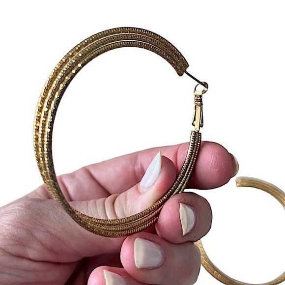 Gold tone 2.5” Textured Triple Layered Wire Twist Hoop Earrings - Picture 3 of 11